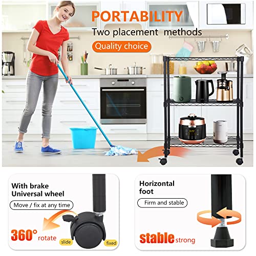 BestOffice | 3-Tier Wire Storage Shelves with Wheels | 23x13x31 | Black | Adjustable Racks | Heavy-Duty Metal Shelf, Holds Upto 170 lbs | No-Tool Assembly | Ideal for Home & Garage Shelving - color: Black, size: 23"D x 13"W x 31"H