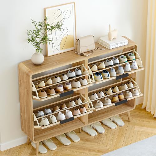 FurSch 47" Fluted Large Shoe Cabinet with 4 Flip Drawers, Slim Freestanding Shoe Cabinet Organizer, Narrow Shoes Storage Rack for Entryway, 5 Sturdy Legs (All Natural, 9.45" D x 47.24" W x 35.83" H) - color: All Natural, size: 4 Drawers