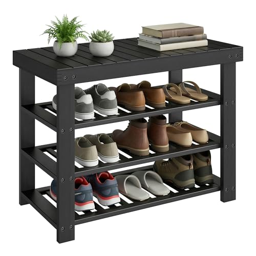 SONGMICS Shoe Rack Bench, 4 Tier Bamboo Shoe Storage Organizer, Entryway Bench, for Living Room, Bathroom, Bedroom, 11.3 x 27.6 x 20.5 Inches, Ink Black ULBS370BH01 - color: Ink Black, size: 11.3"D x 27.6"W x 20.5"H