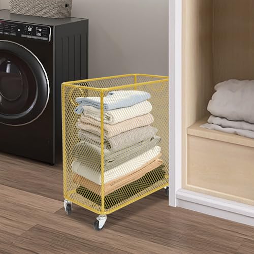 Metal Laundry Storage Cart - Slim, Mesh Wire Rolling Laundry Hamper with Wheels & Ring Handles, Clothes or Linen Storage Organizer Hamper Bin Laundry Basket, 9"L x 17"W x 18"H, Gold - color: Gold, size: Slim Rectangular - 9"W