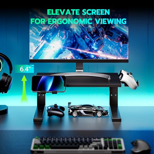 ARES WING Desk Shelf Extender, 15 inches 3 in 1 Clamp on Desk Shelf with Phone & Headset Holders, Heavy Duty Desktop Organizer for Gaming and Office Accessories, Black - size: 15“, style: with hooks