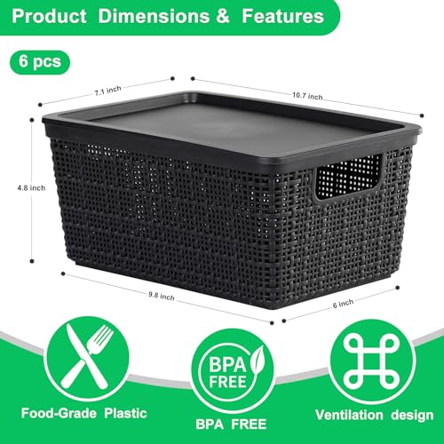 6 Pack Plastic Storage Baskets With Lids,Black Breathable Stackable Storage Bins,Small Storage Containers,for Organizing Storage Baskets on Desktops,Closets,Playrooms,Classrooms,Offices - color: Black