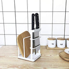 VANRA Metal Steel Cutting Board Holder Knife Block Kitchen Organizer Pantry Bakeware Rack Pan Pot Cover Lid Rack Stand with Draining Tray (White) - color: White, size: 4.7"L X 5.5"W X 8.5"H - With Draining Tray