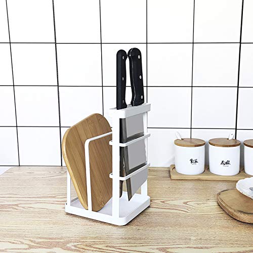 VANRA Metal Steel Cutting Board Holder Knife Block Kitchen Organizer Pantry Bakeware Rack Pan Pot Cover Lid Rack Stand with Draining Tray (White) - color: White, size: 4.7"L X 5.5"W X 8.5"H - With Draining Tray