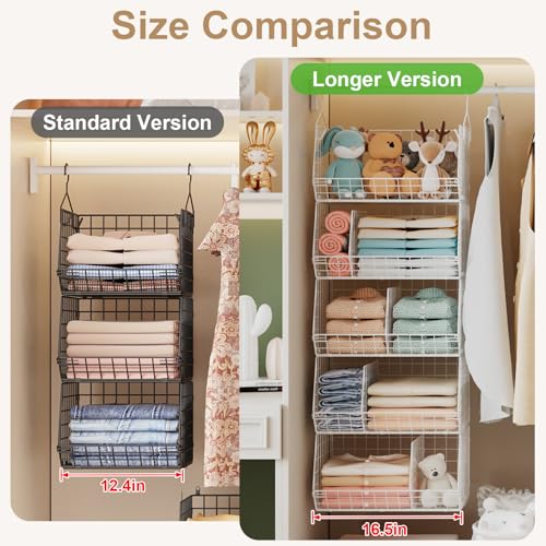 5 Tier Extra Large Closet Hanging Shelves with Divider,2 Pair Hook,16.5"L x 11.8"W x 51.4"H Closets Organizers and Storage,Clothes Organizer Clothing Sweaters Shoes Handbags Clutches Accessories-White - color: White, size: 5-Tier