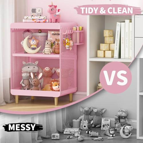 SYKIARIOL Kids Nightstand with Storage & Hooks, Cute Pink Bedside Table for Girls, Small Toddler Night Stand for Bedroom - color: Classic Pink