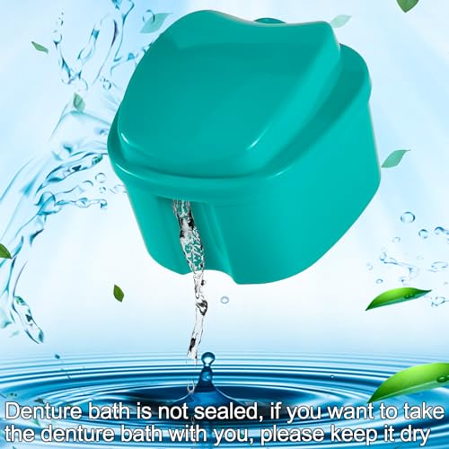 2 Pack Color Retainer Cleaner Case Denture Cups for Soaking Dentures, False Teeth Container Partial Denture Cleaning Case with Lid Travel - Lake Green and Dark Blue - color: Lake Green & Dark Blue