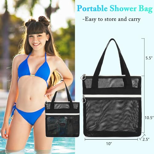 Fammart Mesh Shower Caddy Portable with Zipper & 2 Pockets - Quick Dry Shower Bag Toiletry Tote Hanging for Travel Gym Camp Beach - Organizer Bag Bathroom Essentials for College Dorm - color: Small, Zipper Closure - Black