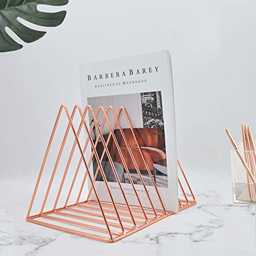 EASEPRES 9 Slot Magazine Rack Book Record Holder, Desktop Iron Storage Rack Bookshelf Multifunction Triangle File Organizer Sorter for Decor Home Office, Rose Gold Pack of 2 - color: 2 Pack Rose Gold
