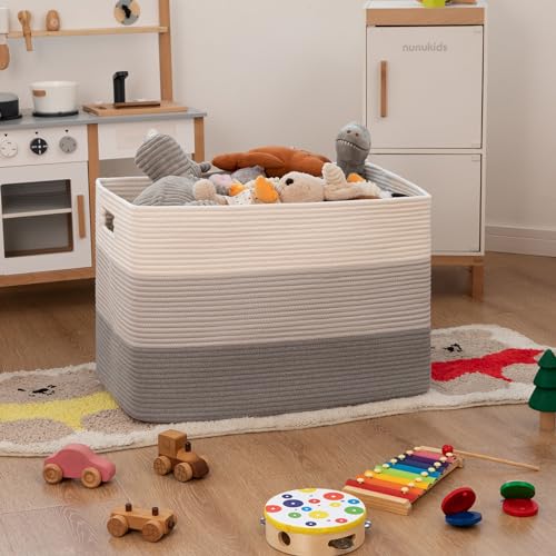 OIAHOMY 108L Super Large Blanket Basket, 25”x16”x16”(108L) Rectangle Woven Baskets for Storage, Cotton Rope Basket For Living Room, Toy Storage with Handle - Gradient Grey - color: Gradient Grey