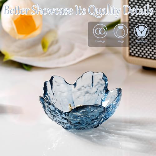 Binoster Blue Flower Glass Ring Dish Jewelry Tray Ring Holder Dish Cute Room Decor Vanity Organizer for Nightstand or Bathroom Aesthetic Trinket Dish Gift for Wife Mom Daughter - color: Deep Blue
