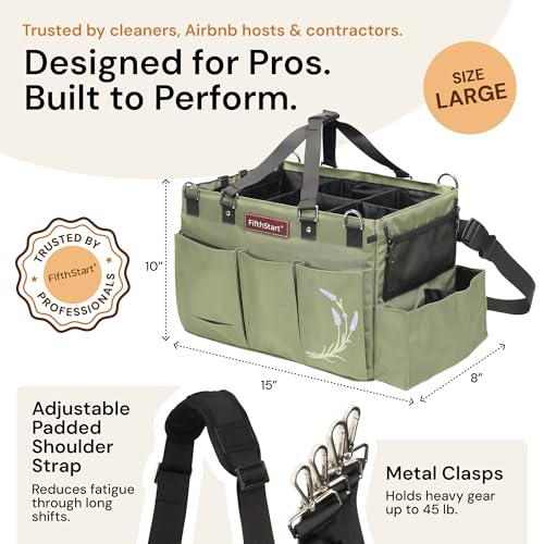 FifthStart Cleaning Caddy Bag for Professionals - Heavy-Duty Organizer with Shoulder Strap, 9 Pockets, Washable Mesh Base & Adjustable Compartments for Cleaning Supplies (Green, Large) - color: Green, size: Large