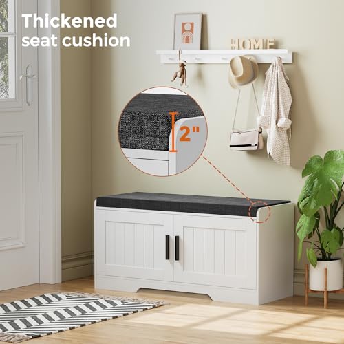 Homleke 2-Tier Storage Bench, Shoe Bench with Thickened Padded Seat Cushion, Entryway Bench with 2 Doors, Adjustable Shelf, 13.8" D x 37.4" W x 18.5" H, for Entryway, Living Room, Bedroom, White - color: White, size: 37.4"