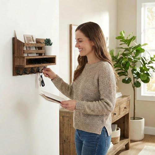 Wall Key Rack - Mail Organizer with 5 Key Hooks, Paulownia Wood, 11.8x7.1 Inches, Apartment Wall Decor, Installation Accessories Included (Brown) - color: Brown