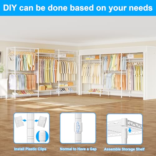 Ulif E13C Max Heavy Duty Closet Organizer System，Freestanding Clothing Racks for Hanging Clothes，Adjustable Garment Rack 86" W x16 D x77 H Hold 1100 lbs，White Rack with White Dustproof Cover - color: White Rack with White Cover, size: E13C Max