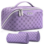 BOYATU Travel Makeup Bag Cosmetic Bags for Women: 3 Pcs Set Large Capacity Make up Bag with Handle - Vegan Leather Toiletry Bags with Compartments - Makeup Organizer for Travel Essentials(A-9-Purple) - color: A-9-Purple