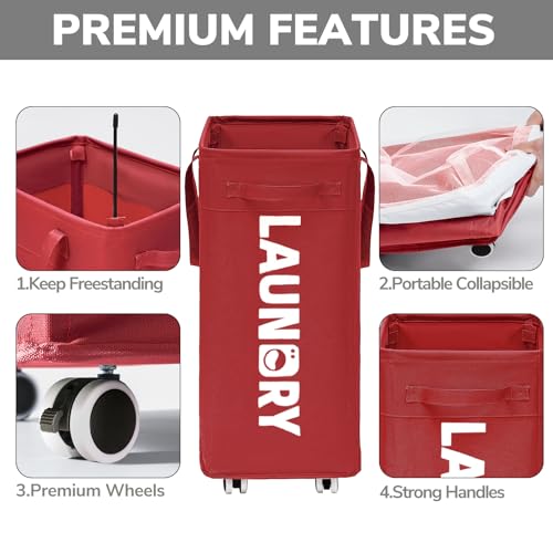 Goodpick Laundry Basket with Wheels,75L Large Roolling Laundry Basket with Removable Wash Bag, Clothes Hamper with Wheels for Laundry Room, Red - color: Red 1-Pack