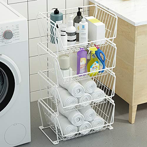 PUSDON 4-Tier Large Stackable Wire Storage Baskets with Wheels, Metal Rolling Utility Cart Organizer, Produce Basket for Kitchen Pantry, Floor Shelf, Classic White - color: White, size: 4 Tier Plus