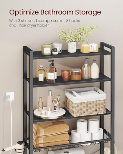 VASAGLE Over the Toilet Storage, Over Toilet Bathroom Organizer with Adjustable Shelves and Basket, 3 Hooks, Space Saving, 9.4 x 23.6 x 68.1 Inches, Ebony Black UBTS114BE01S - color: Ebony Black, style: 4 Tiers (68.1" H)