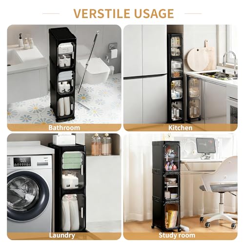 2-Tier Slim Narrow Storage Cabinet with Adjustable Shelves and Movable Wheels, Anti-Tip, Bathroom Storage and Organizers for Small Space, Bathroom, Kitchen, Laundry, Black - color: Black, size: 2-Tier