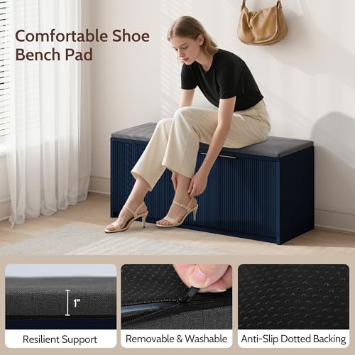 2-Tier Shoe Storage Bench with 3 Doors & Adjustable Shelf, Removable Washable Padded Seat Cushion, 41.3" Entryway Storage Cabinet for Living Room, Bedroom – Navy Blue Modern Design - color: Navy Blue, size: 41.3"