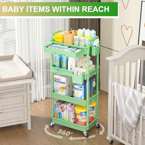 Goovilla 4 Tier Rolling Utility Cart Organizer with Removable Drawer, Stable and Sturdy Green Rolling Storage Carts with 2 Lockable Wheels for Bathroom, Kitchen, Snack, Craft, Makeup, Baby Essentials - size: 4 Tier, style: Green