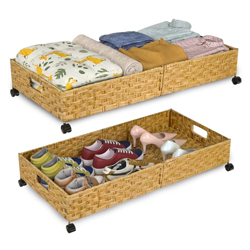 Under Bed Storage Containers with Wheels, 31.5” Large Handwoven Rattan Rolling UnderBed Storage Bins, Tool-free Assembly Natural Under The Bed Organizer Drawers for Bedroom, Sheets Clothes Blankets - style: 2 Pack(A-Natural)