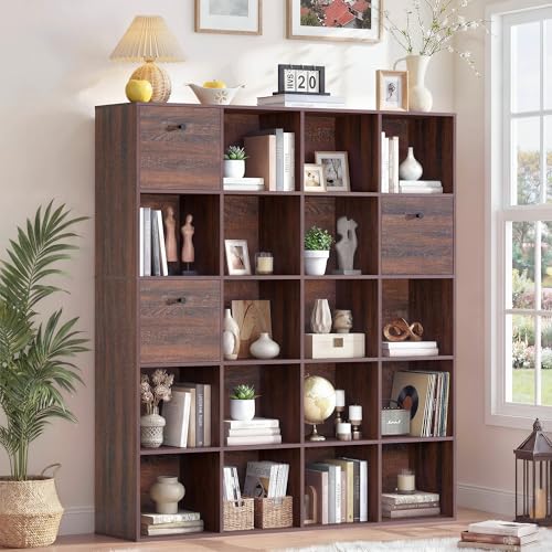 Walnut Cube Storage Bookcase, Rustic Brown 20 Cube Storage Organizer, Wooden Bookshelf with 3 Fabric Bins, Freestanding Bookcase for Bedroom Living Room, Large Home Organizer Shelf, Farmhouse Style - color: Walnut, size: 20 Cube