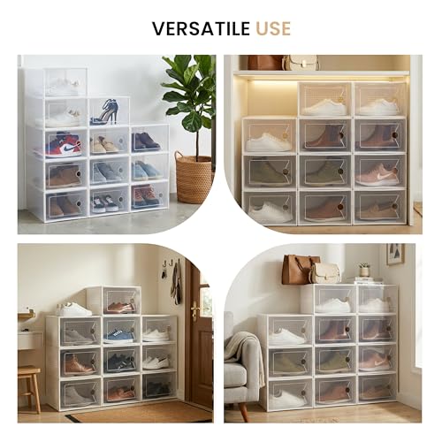 HealSmart 15-Pack Large Shoe Storage Boxes, Stackable Plastic Shoe Organizer with Lids, Large Shoe Rack & Storage Containers for Closet, Under Bed, Entryway, White