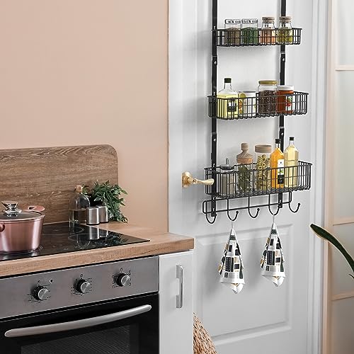 YBING Over The Door Organizer with Hooks 3 Tier Back Towel Hanger Baskets Metal Behind Hanging Storage Shelf Pantry Racks for Bedroom Bathroom Black, R01-R984 - color: Black