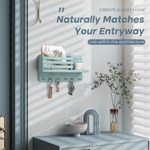 Rebee Vision Pine Wood Key Holder Wall Mount for Home Decor - 6 Hooks for Hats, Essential Home Organizer - Farmhouse Key Holder for Wall Mail Slot Can Store Letters & Files (Blue) - color: Blue