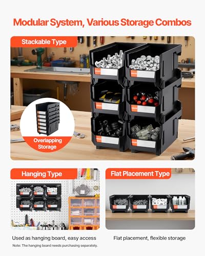 VEVOR Plastic Stackable Storage Bins, 14.8 x 8.5 x 7.1 inch (12 Pack), Plastic Containers for Organizing & Storage Bins for Garage, Small Parts, Office Supplies, Other Accessories, Black & Transparent - color: Black &Clear, size: 14L