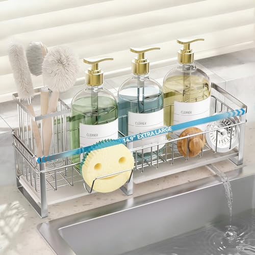 Aurblozen Extra Large Extendable Sponge Holder for Kitchen Sink, Rustproof Sink Caddy Organizer with High Brush Holder, Dish Soap Dispenser Organizers and Storage (Stainless Steel) - color: Stainless Steel