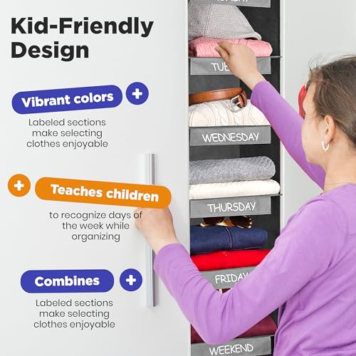 Handy Laundry Hanging Clothes Organizer for Kids - 6-Shelf Closet Daily Clothing Organization Labeled Shelves with Days of The Week Monday Through Friday, Weekday and Weekend (Grey) - color: Grey