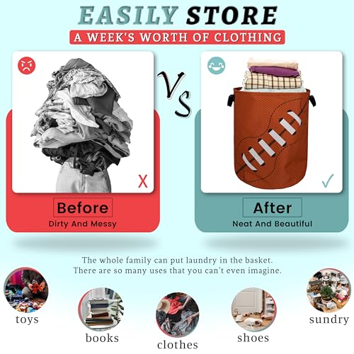 Football Laundry Basket Foldable With Handles American Ball Tote Bag Oxford Cloth Funny Laundry Hamper Clothes Storage Bucket Toy Organizer For Bathroom/Laundry/Bedroom 18.9" x 16.5 " - color: Football American Balls Printed