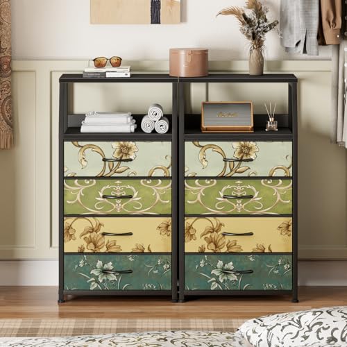 Furnulem Retro Dresser for Bedroom, Small Dresser for Closet, Vintage Nightstand with 4 Drawers, Fabric Storage Organizer Bedside Table Side Furniture, Metal Frame, Wood Top - color: Vintage Floral, style: 4 Drawers