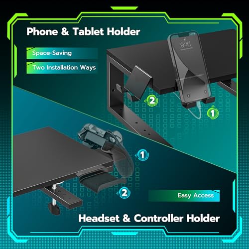 ARES WING Desk Shelf Extender, 15 inches 3 in 1 Clamp on Desk Shelf with Phone & Headset Holders, Heavy Duty Desktop Organizer for Gaming and Office Accessories, Black - size: 15“, style: with hooks