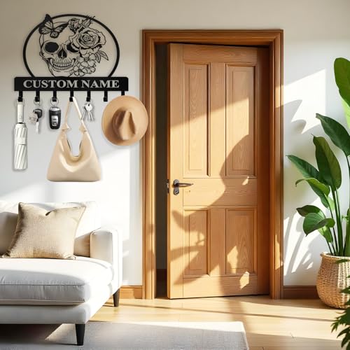 Personalized Key Holder for Wall - Coat Rack Wall Mount with Skeleton & Rose Flower Design, Metal Key Organizer with Hooks, Skull Wall Decor for Bedroom Living Room Entryway, Personalized Gift - color: Color02 Skeleton & Rose Flower