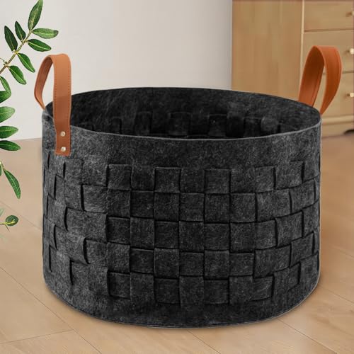 BOLDMONKEY Laundry Basket 20" x20 " x11.8 ", Large Round Blanket Basket with Leather Handle, Felt Storage Basket for Living Room, Nursery, Dog Toys-Dark Gray - color: Dark Gray