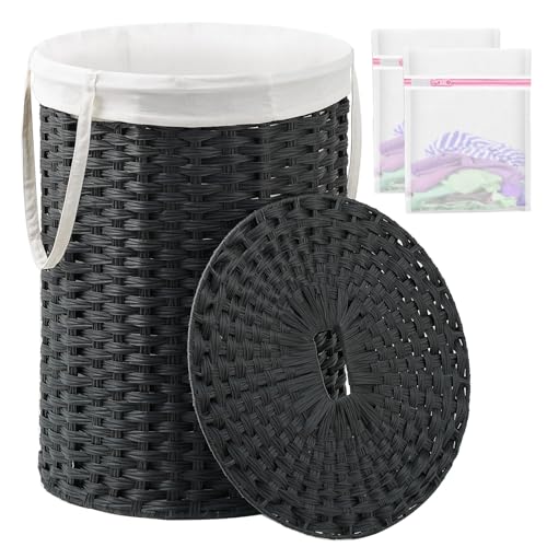 SETVSON Laundry Basket with Lid Round Rattan Laundry Hamper with Lid and Handles 29.1 Gal (110 L) Handwoven Woven Basket with Removable Bags and 2 Mesh Bags for Bathroom Living Room Black - color: Black, size: 110L