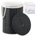 SETVSON Laundry Basket with Lid Round Rattan Laundry Hamper with Lid and Handles 29.1 Gal (110 L) Handwoven Woven Basket with Removable Bags and 2 Mesh Bags for Bathroom Living Room Black - color: Black, size: 110L
