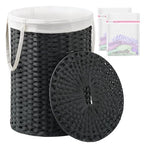 SETVSON Laundry Basket with Lid Round Rattan Laundry Hamper with Lid and Handles 29.1 Gal (110 L) Handwoven Woven Basket with Removable Bags and 2 Mesh Bags for Bathroom Living Room Black - color: Black, size: 110L