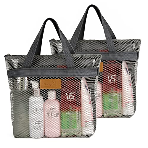 TOPASION Mesh Shower Caddy Bag Portable Hanging Toiletry and Bath Organizer with Zipper for Travel, Gym, Camping, College Dorms, Beach - color: 2 Pcs Grey