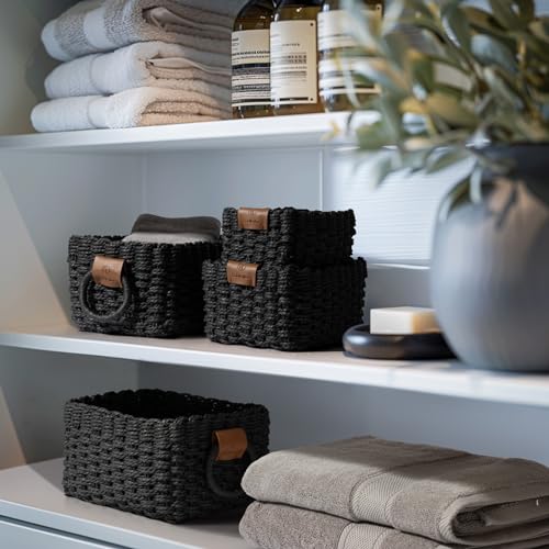 LA JOLIE MUSE Small Wicker Baskets for Organizing, Recycled Paper Rope Storage Basket Container Bins for Shelves Bathroom Cupboards Drawer, Decorative Square Basket Organizer Set of 3, Black - color: Ebony Black