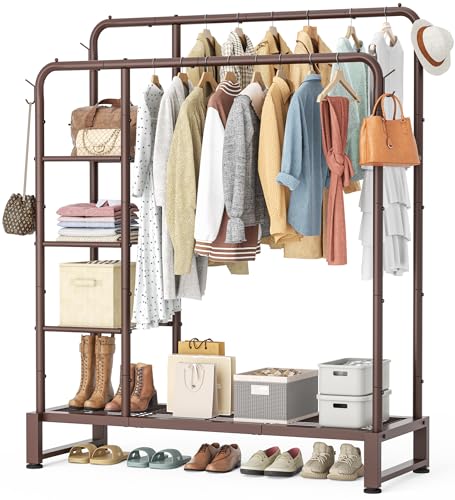 Double Rods Clothes Rack Clothing Rack with 4 Tier Storage Shelves Clothes Rack for Hanging Clothes Multifunctional Heavy Duty Clothes Organizer with Hooks for Bedroom,Wardrobe Closet,Shop,Brown - color: Brown