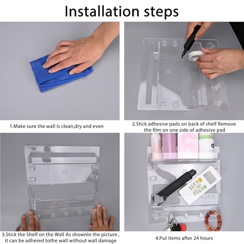 Bedside Wall Shelf Organizer – Floating Acrylic Shelf for Dorm & Bedroom Storage, Adhesive Wall Mounted Organizer for Phone, Remote, Glasses – Minimalist Clear Room Decor (Clear)
