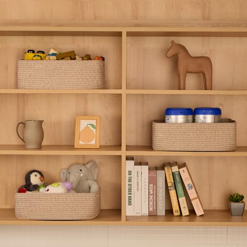 MiniArk Large Shallow Organizing Baskets 15x11x5.1 Inches - Rope Woven Storage Bins for Bathroom, Shelves, Cube Closet, Mixed Brown 2 Packs - color: Natural, size: 2pcs-L15×W11×H5.1"
