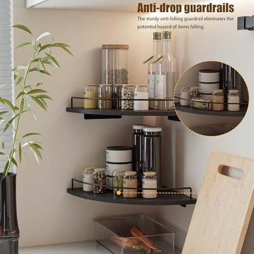 Corner Floating Shelves, Rustic Brown Wood, Set of 2, Wall Mount Storage with Guardrail for Bathroom Kitchen Living Room (Black) - color: Black-2pack