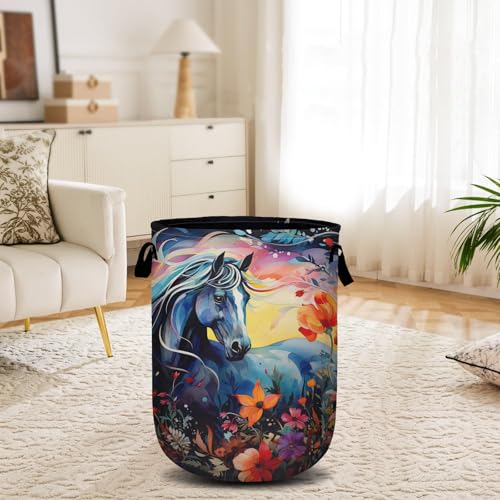 Colorful Horse Floral Laundry Basket, Laundry Hamper Collapsible Oxford Cloth with Handle Clothes Toy Storage Bin for Bathroom Laundry Room Bedroom 15.7 X 20 Inch - color: Colorful Horse Floral