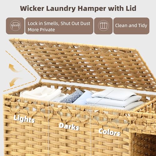 Laundry Hamper with Lid, 160L Rattan Wicker Laundry Basket with Wheels, Handwoven Laundry Hamper 3-Section with Storage shelf(42.3 Gal), Laundry Sorter Basket with Removable Liner, Natural HLH033N - color: Nature, size: 33.5”L x 13”W x26.4”H